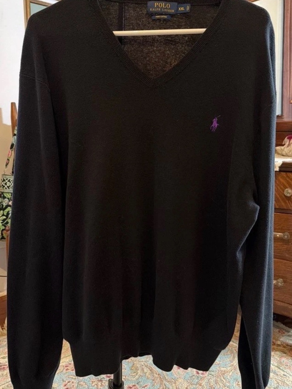 Polo by Ralph Lauren Black V-Neck Sweater with Purple Pony